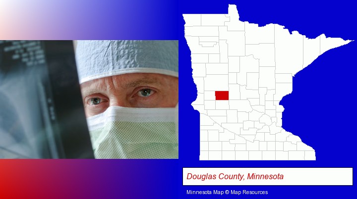 a physician viewing x-ray results; Douglas County, Minnesota highlighted in red on a map