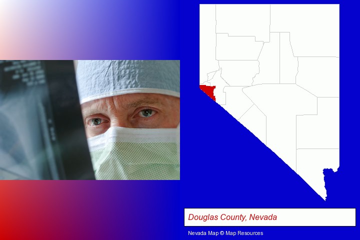 a physician viewing x-ray results; Douglas County, Nevada highlighted in red on a map