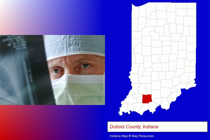 a physician viewing x-ray results; Dubois County, Indiana highlighted in red on a map