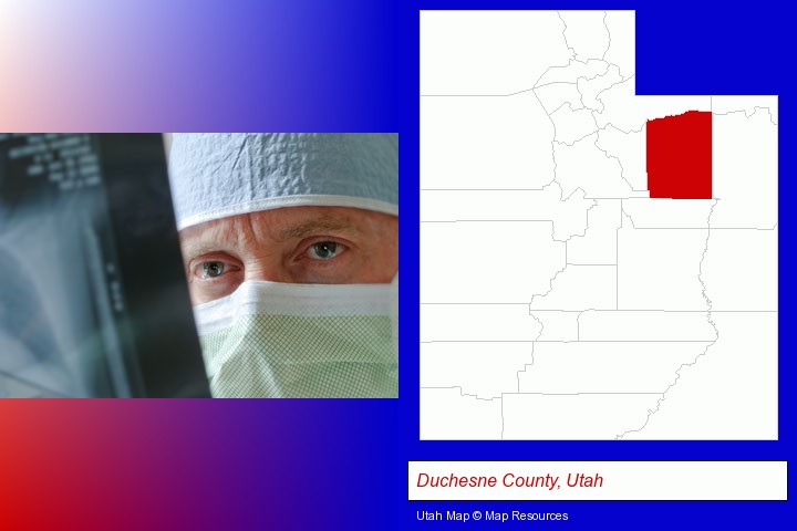 a physician viewing x-ray results; Duchesne County, Utah highlighted in red on a map