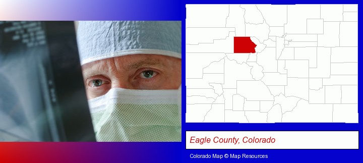 a physician viewing x-ray results; Eagle County, Colorado highlighted in red on a map