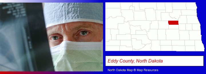 a physician viewing x-ray results; Eddy County, North Dakota highlighted in red on a map