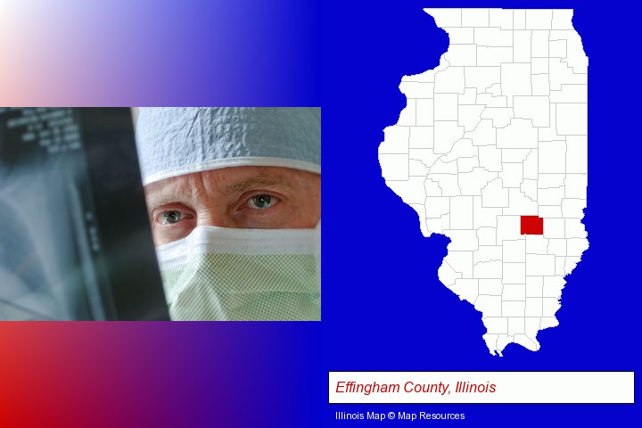 a physician viewing x-ray results; Effingham County, Illinois highlighted in red on a map