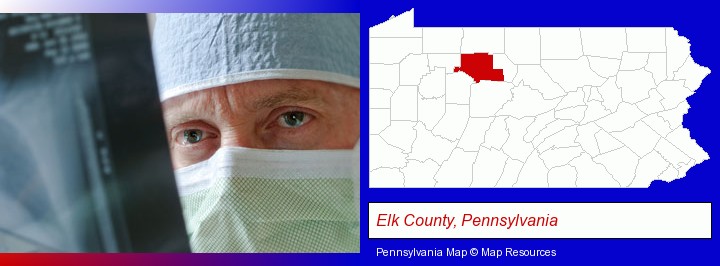 a physician viewing x-ray results; Elk County, Pennsylvania highlighted in red on a map