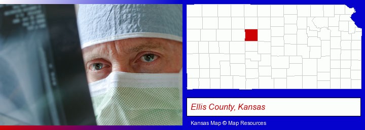 a physician viewing x-ray results; Ellis County, Kansas highlighted in red on a map