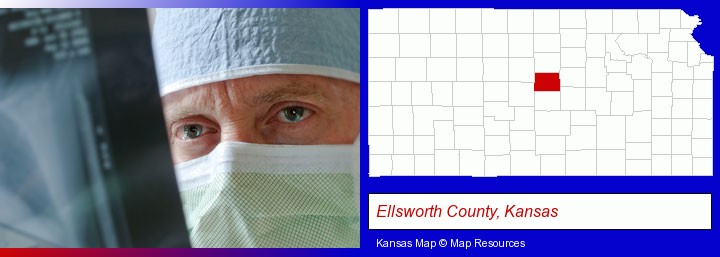 a physician viewing x-ray results; Ellsworth County, Kansas highlighted in red on a map