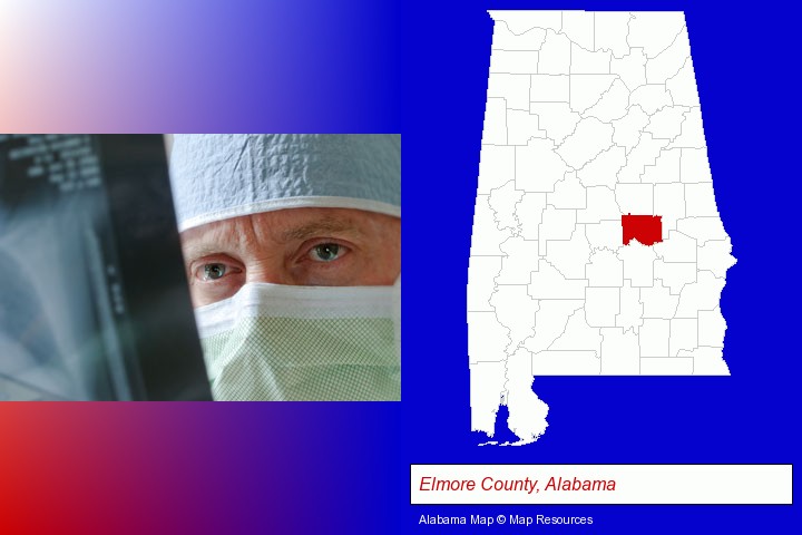 a physician viewing x-ray results; Elmore County, Alabama highlighted in red on a map