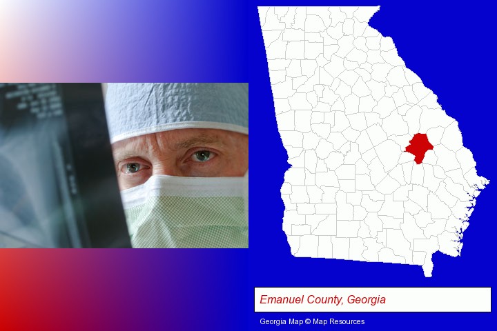 a physician viewing x-ray results; Emanuel County, Georgia highlighted in red on a map