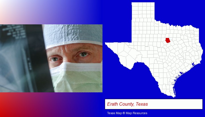 a physician viewing x-ray results; Erath County, Texas highlighted in red on a map