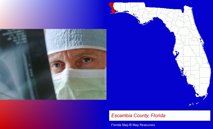 a physician viewing x-ray results; Escambia County, Florida highlighted in red on a map