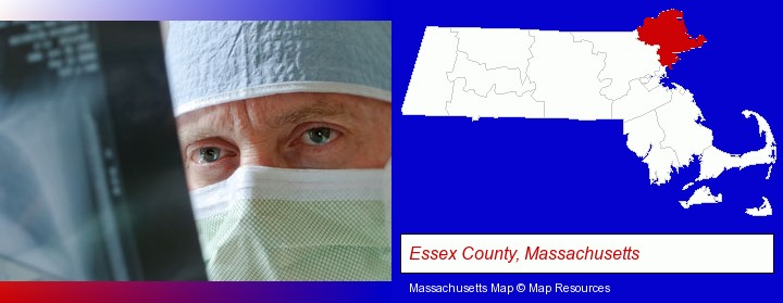 a physician viewing x-ray results; Essex County, Massachusetts highlighted in red on a map