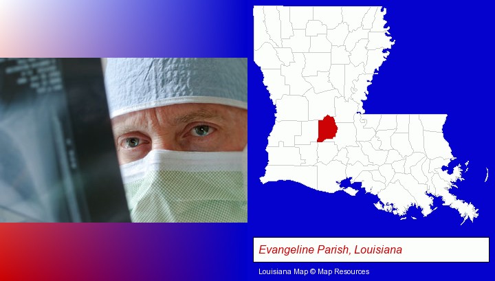 a physician viewing x-ray results; Evangeline Parish, Louisiana highlighted in red on a map