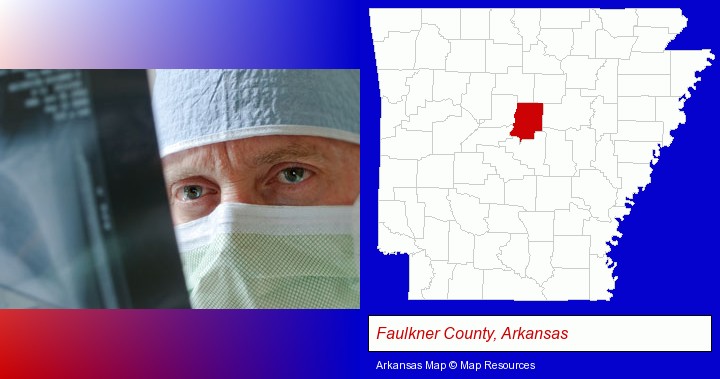 a physician viewing x-ray results; Faulkner County, Arkansas highlighted in red on a map