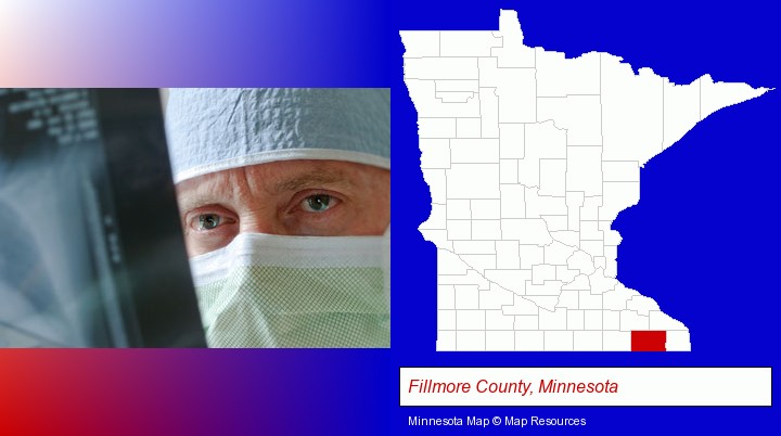 a physician viewing x-ray results; Fillmore County, Minnesota highlighted in red on a map