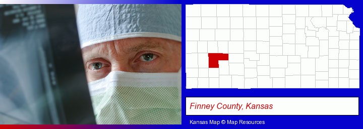 a physician viewing x-ray results; Finney County, Kansas highlighted in red on a map