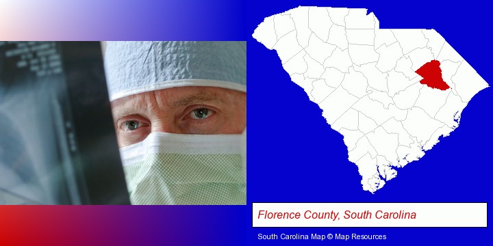 a physician viewing x-ray results; Florence County, South Carolina highlighted in red on a map
