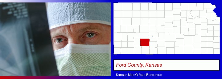 a physician viewing x-ray results; Ford County, Kansas highlighted in red on a map