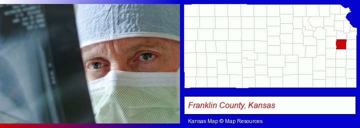 a physician viewing x-ray results; Franklin County, Kansas highlighted in red on a map