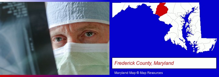 a physician viewing x-ray results; Frederick County, Maryland highlighted in red on a map