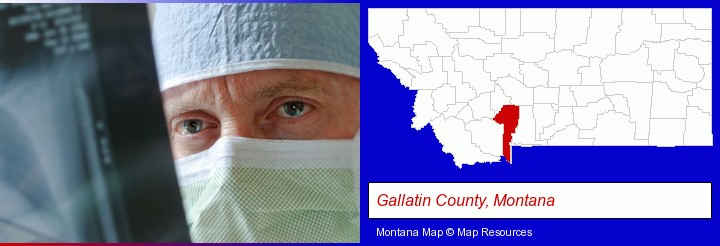 a physician viewing x-ray results; Gallatin County, Montana highlighted in red on a map