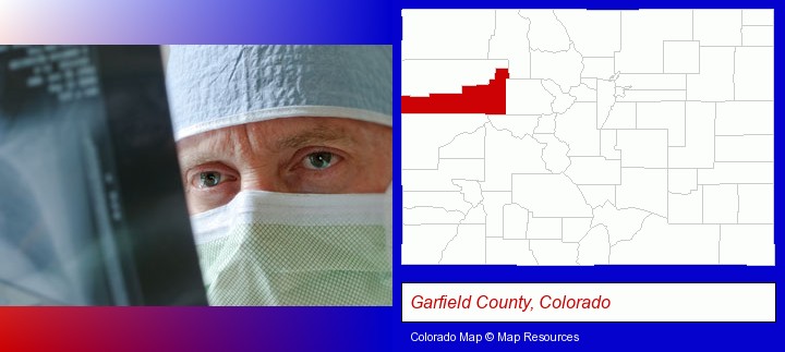 a physician viewing x-ray results; Garfield County, Colorado highlighted in red on a map