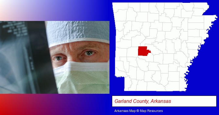 a physician viewing x-ray results; Garland County, Arkansas highlighted in red on a map