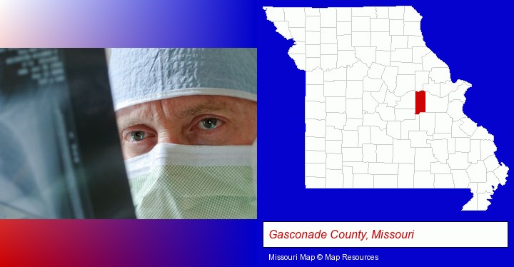 a physician viewing x-ray results; Gasconade County, Missouri highlighted in red on a map