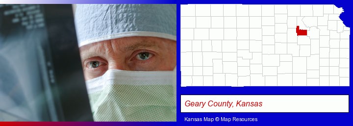 a physician viewing x-ray results; Geary County, Kansas highlighted in red on a map