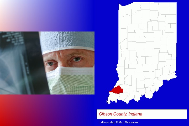 a physician viewing x-ray results; Gibson County, Indiana highlighted in red on a map
