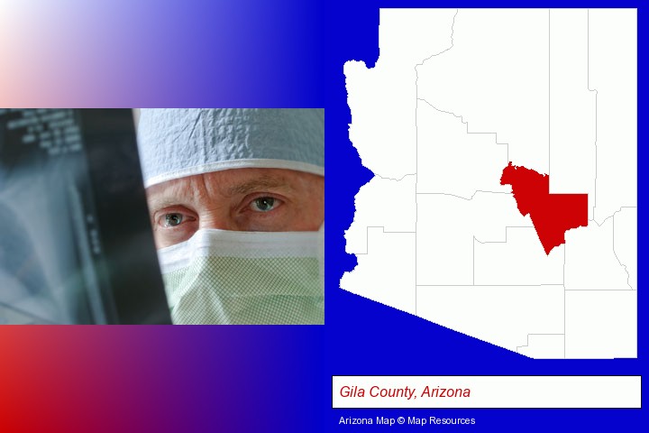 a physician viewing x-ray results; Gila County, Arizona highlighted in red on a map