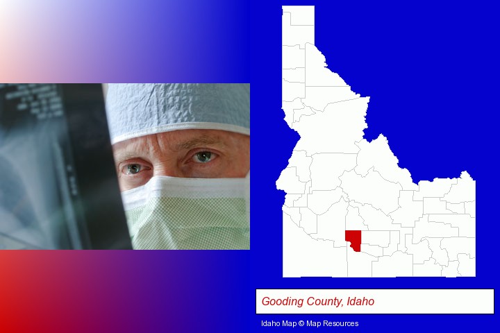 a physician viewing x-ray results; Gooding County, Idaho highlighted in red on a map