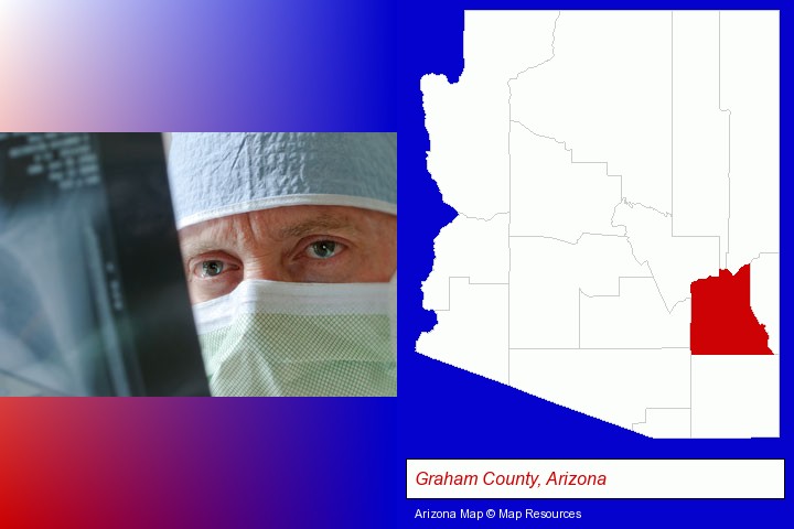 a physician viewing x-ray results; Graham County, Arizona highlighted in red on a map