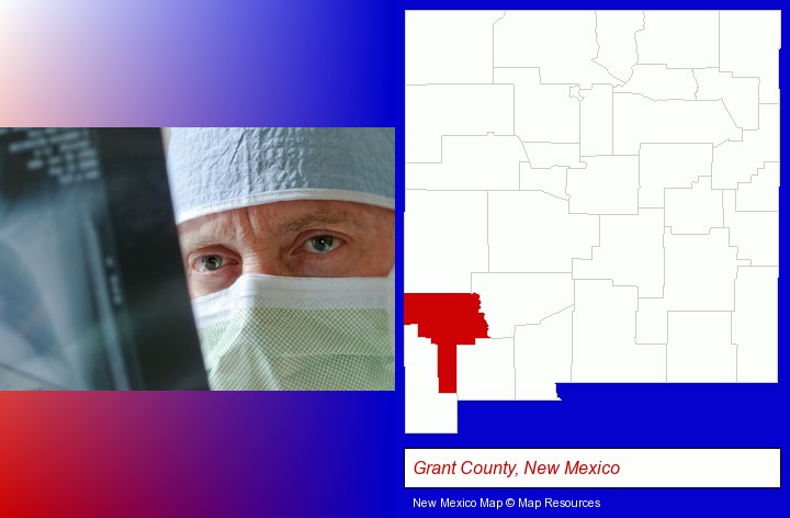 a physician viewing x-ray results; Grant County, New Mexico highlighted in red on a map