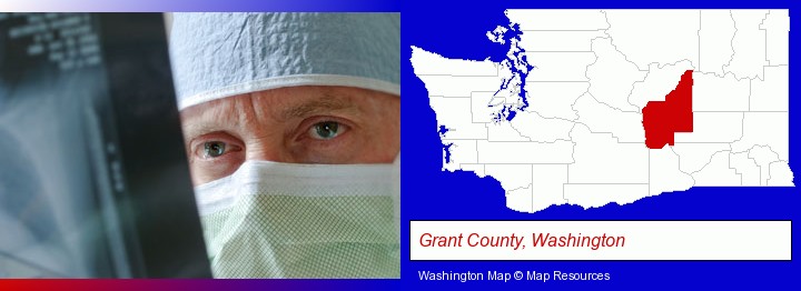 a physician viewing x-ray results; Grant County, Washington highlighted in red on a map