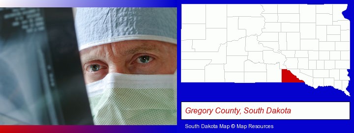 a physician viewing x-ray results; Gregory County, South Dakota highlighted in red on a map