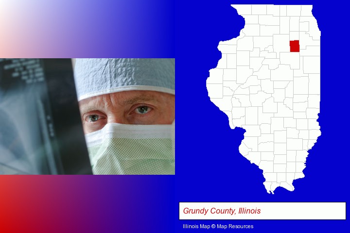 a physician viewing x-ray results; Grundy County, Illinois highlighted in red on a map