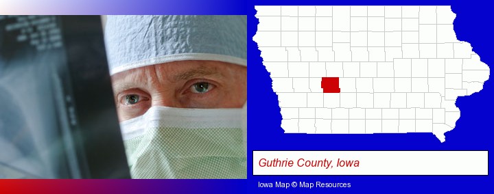 a physician viewing x-ray results; Guthrie County, Iowa highlighted in red on a map