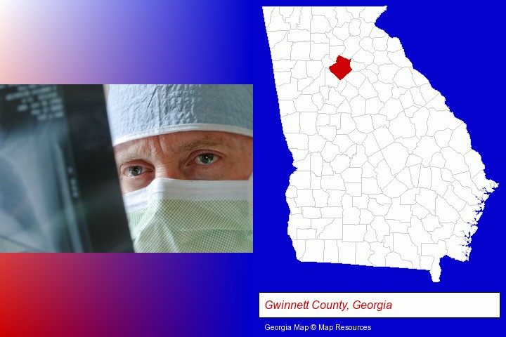 a physician viewing x-ray results; Gwinnett County, Georgia highlighted in red on a map