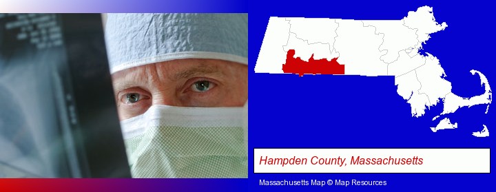 a physician viewing x-ray results; Hampden County, Massachusetts highlighted in red on a map