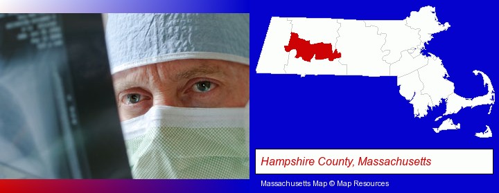 a physician viewing x-ray results; Hampshire County, Massachusetts highlighted in red on a map