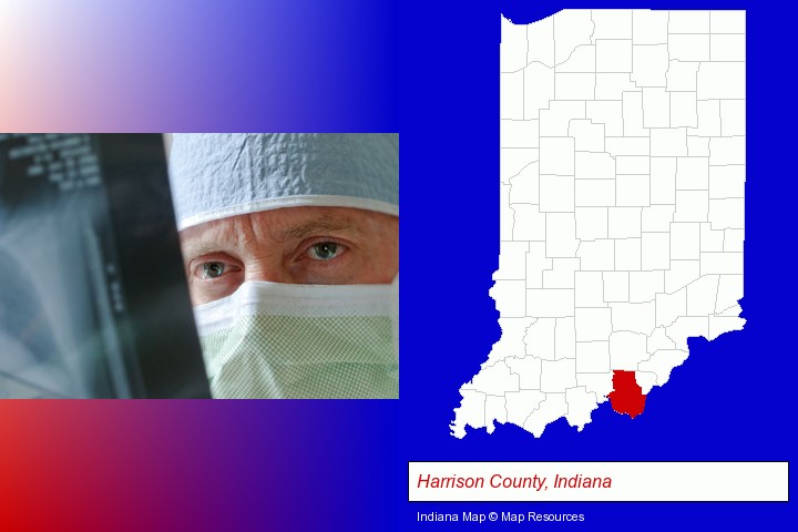 a physician viewing x-ray results; Harrison County, Indiana highlighted in red on a map