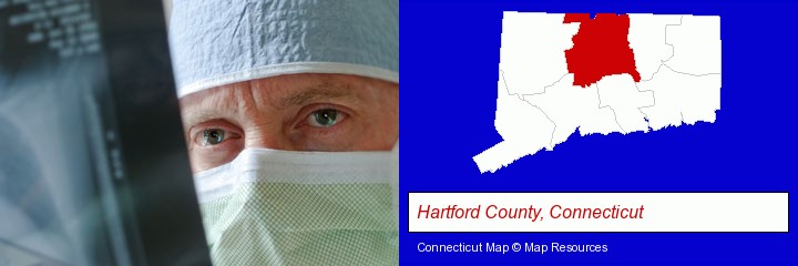 a physician viewing x-ray results; Hartford County, Connecticut highlighted in red on a map