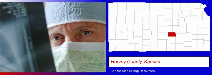 a physician viewing x-ray results; Harvey County, Kansas highlighted in red on a map