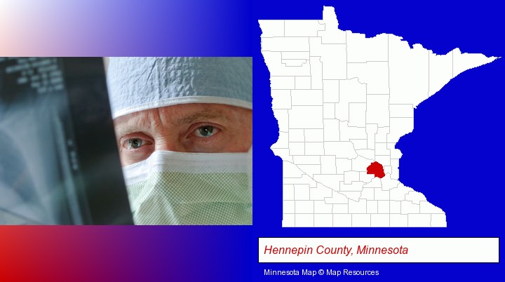 a physician viewing x-ray results; Hennepin County, Minnesota highlighted in red on a map