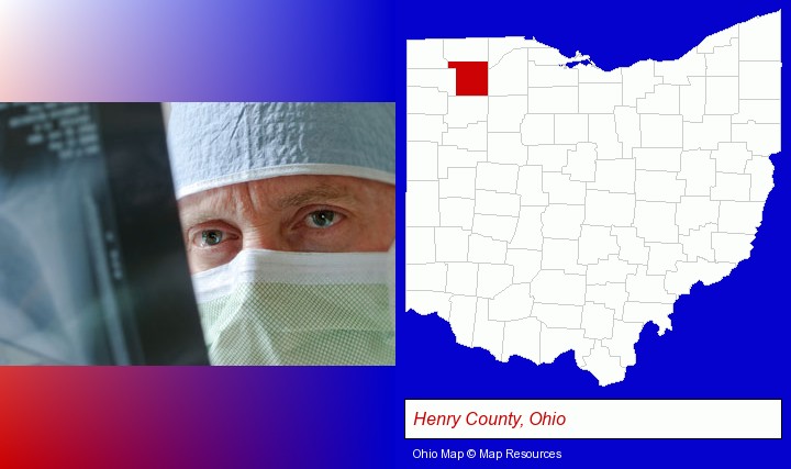 a physician viewing x-ray results; Henry County, Ohio highlighted in red on a map