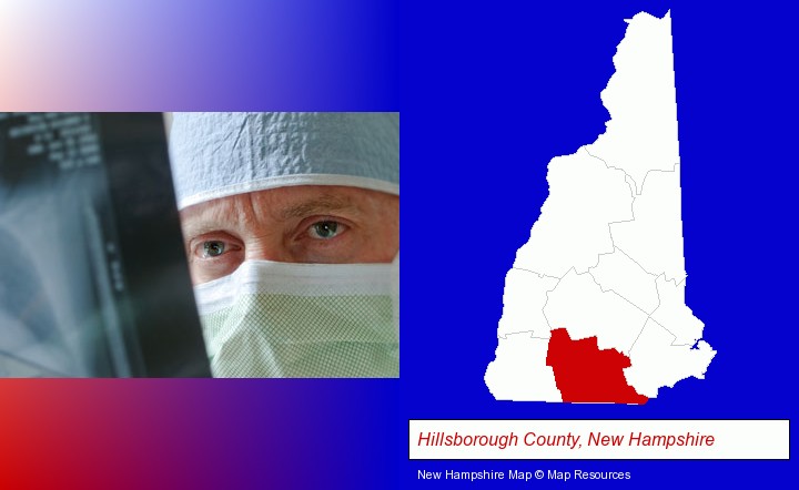 a physician viewing x-ray results; Hillsborough County, New Hampshire highlighted in red on a map