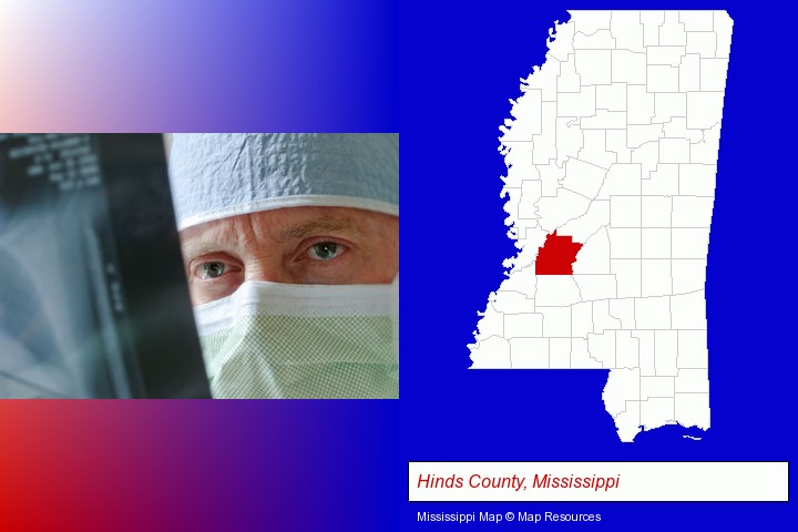 a physician viewing x-ray results; Hinds County, Mississippi highlighted in red on a map