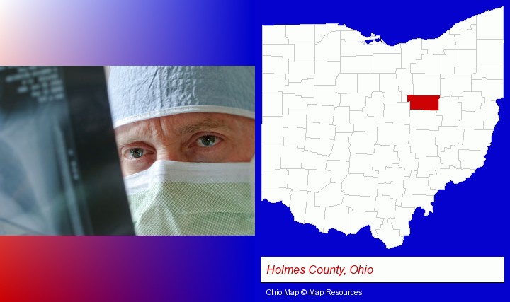 a physician viewing x-ray results; Holmes County, Ohio highlighted in red on a map