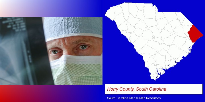 a physician viewing x-ray results; Horry County, South Carolina highlighted in red on a map