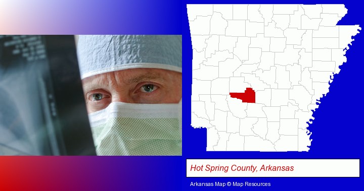 a physician viewing x-ray results; Hot Spring County, Arkansas highlighted in red on a map